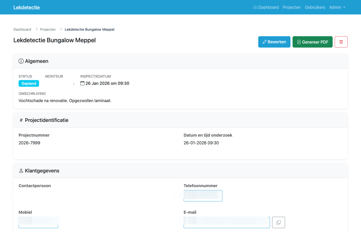 Projectdetail met klantgegevens en acties